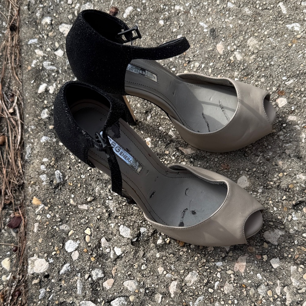 BCBGeneration Black and Tan Peep Toe Heels